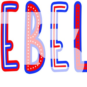 May include: A red, white, and blue word art design that says "REBELs" in a bold, outlined font with white polka dots.