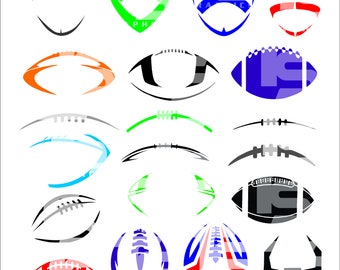 May include: A set of 18 different football-themed SVG cut files. The designs include footballs, helmets, and end zones in various colors, including red, blue, green, black, white, and orange.
