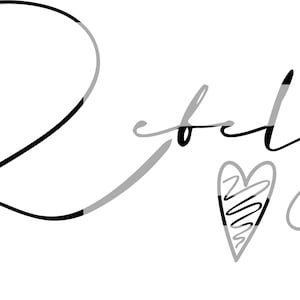 May include: Black and white handwritten text that reads "Retsy" with a gray heart with a black swirl design.