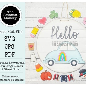 Hello Door Hanger | Interchangeable Season Door Hanger | VW Bug | Laser Cut file | Interchangeable Door Hanger