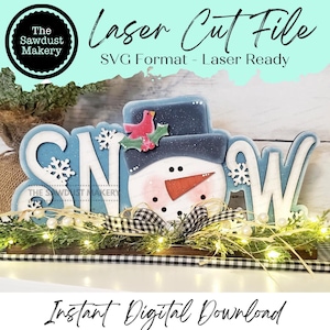Snow Standing Snowman Shelf Sitter SVG / File di taglio laser Snowman Let it Snow / Glowforge / Snowman / Snowbird / Cardinal / Winter SVG