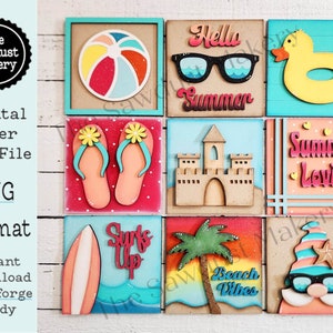 Archivos cortados con láser de Summer Beach / Paquete de letreros inclinados intercambiables de verano SVG / Glowforge / Bandeja escalonada de verano SVG / Marco de granja