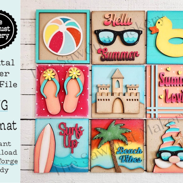 Summer Beach Laser Cut Files | Summer Interchangeable Leaning Sign Bundle File SVG | Glowforge | Summer Tiered Tray SVG | Farmhouse Frame