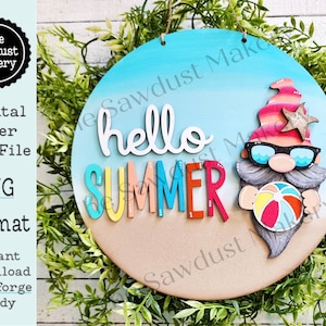 Hola Summer Gnome Door Hanger SVG Archivo / Archivo cortado por láser / Summer Gnome SVG Archivo / Door Hanger svg / Summer svg / Summer Beach svg