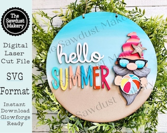 Hello Summer Gnome Door Hanger SVG File  | Laser Cut File | Summer Gnome SVG File | Door Hanger svg | Summer svg | Summer Beach svg