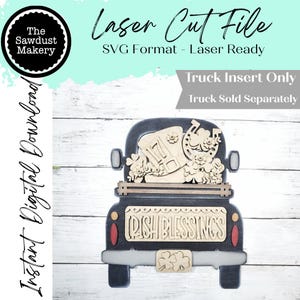 May include: A laser-cut file featuring a black truck with a light-colored wooden insert. The insert includes a horseshoe, shamrocks, and the text "Irish Blessings." The image also includes the text "Laser Cut File" and "Instant Digital Download."