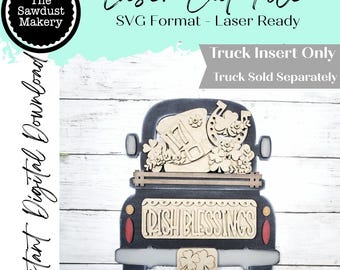 May include: A laser-cut file featuring a black truck with a light-colored wooden insert. The insert includes a horseshoe, shamrocks, and the text "Irish Blessings." The image also includes the text "Laser Cut File" and "Instant Digital Download."