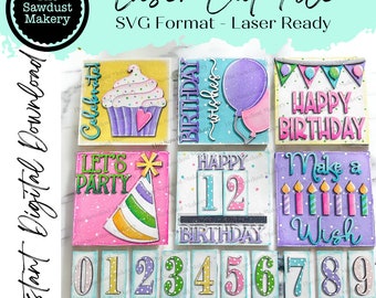Archivo cortado con láser de Feliz Cumpleaños / Paquete de letreros inclinados intercambiables de estilo rústico SVG / Glowforge / Letreros de estilo rústico