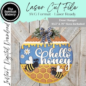 Hello Honey Bee Door Hanger SVG | Digital download | Round door hanger | Laser Cut File | Daisy | Honey Bee Decor | Summer SVG