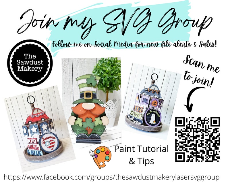 May include: Join a SVG group on Facebook by scanning the QR code. The image shows a variety of painted wooden crafts, including a leprechaun, a tiered tray with a red car, and a tiered tray with Halloween decorations. The text "The Sawdust Makery" is visible on the image.