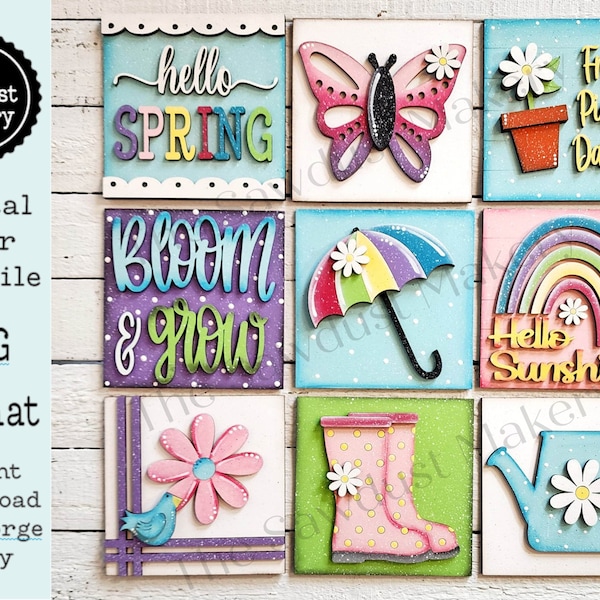 Spring Laser Cut Files | Spring Interchangeable Leaning Sign Bundle File SVG | Glowforge | Spring Tiered Tray SVG | Farmhouse Frame