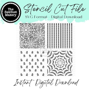 Puede incluir: Un gráfico de descarga digital con cuatro diseños de archivos de corte de plantillas. Los diseños incluyen telarañas, rayas verticales, fantasmas y una telaraña. El texto dice "Stencil Cut File" y "SVG Format - Digital Download". También se incluye el logotipo de "The Sawdust Makery".