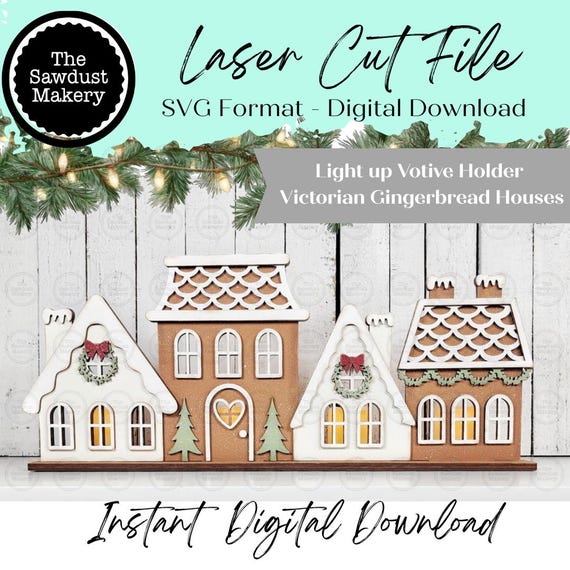 Victorian Gingerbread Village Votive Holder SVG File | Laser Cut Christmas Design (Digital Download)