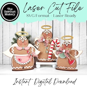 May include: Wooden gingerbread angel cutouts with halos, wings, and decorative bows. One angel holds a candy cane. The image includes text that reads "Laser Cut File" and "Instant Digital Download."