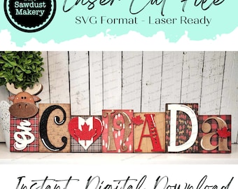 Puede incluir: Archivo de corte por láser para un letrero de madera que dice "CANADA" con una cabeza de alce y un corazón de bandera canadiense. El archivo está en formato SVG y está listo para láser. Descarga digital instantánea.