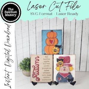 Herbst Vogelscheuche Trio Zeichen Bundle Laser Cut Datei |  Wechselrahmen | Herbst-Zeichen | 5 "x 6,25" -Schilder