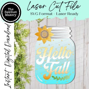 Bonjour automne fichier SVG pour pot Mason Jar | Fichier découpé au laser | Fichier SVG d'automne | Accroche-porte SVG | Panneau de bienvenue d'automne