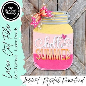 Archivo SVG para colgar en la puerta de tarro de cristal con el texto "Hola Verano" / Archivo cortado con láser / Archivo SVG de verano / Colgador de puerta SVG / Hola Verano SVG / Tarro de cristal SVG