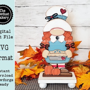 Fall Pilgrim Thanksgiving Girl Gnome SVG File  | Laser Cut File | Standing Pilgrim Gnome SVG File | Gnome Shelf Sitter | Gnome | Pumpkin Pie