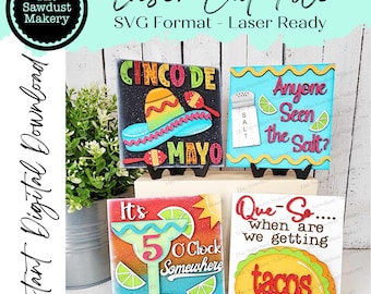 Könnte beinhalten: Vier lasergeschnittene SVG-Dateien für Cinco de Mayo. Die Designs beinhalten einen Sombrero und Maracas, ein Margarita-Glas, einen Taco und einen Salzstreuer mit dem Text "Anyone Seen the Salt?"