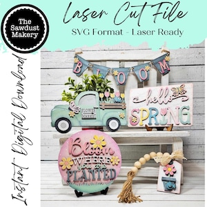 Hello Spring Tiered Tray SVG File | Spring SVG | Plik do cięcia laserowego | Glowforge | Spring SVG File | Bloom SVG | Kwiaty | Spring Truck