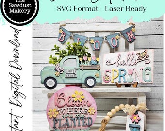 Archivo SVG de bandeja escalonada de Hola primavera / Archivo SVG de primavera / Archivo cortado con láser / Glowforge / Archivo SVG de primavera / Bloom SVG / Flores / Camión de primavera