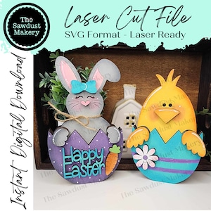 Fichier SVG Bunny & Chick Egg Shelf | Fichier découpé au laser | Forgelumineuse | Pâques | Garde d'enfants lapin | Lapin SVG | Pâques SVG | Poussin de Pâques