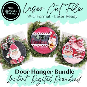 Pacote de cabides de porta de Natal Arquivo Laser | Papai Noel SVG | Gnomo | Pacote de cabides de porta redondos | Pacote de arquivo Laser SVG | Sra. Claus SVG