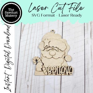 Arquivo SVG de enfeite de Papai Noel Believe | Arquivo de corte a laser | Enfeite de Natal SVG Prim Santa | Enfeite SVG | Papai Noel Laser SVG
