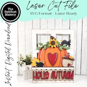 May include: Laser cut file for a wooden sign with a pumpkin, sunflowers, birds, and leaves. The sign says "Hello Autumn" in red letters.