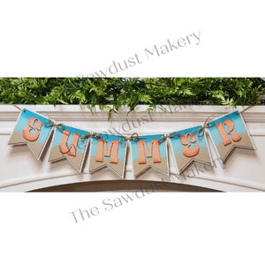 May include: A decorative banner spelling "SUMMER" in orange letters. Each pennant has a beach scene with blue sky and sand. The banner is strung on twine and is suitable for summer decor.