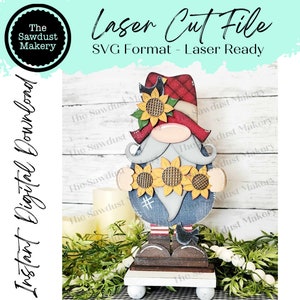 Fichier SVG grand nain de tournesol d'automne | Fichier découpé au laser | Fichier SVG Gnome tournesol debout | Garde d'étagères gnome | Automne | Tournesols | Corbeaux