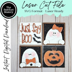 Just Say Boo Halloween-bordbundel lasergesneden bestand | Boerderij verwisselbare scheve bordbundel SVG | Geest-svg | Boe-svg