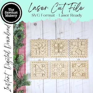 Puede incluir: Seis adornos de madera cortados con láser con varios diseños geométricos de bloques de edredón. Cada adorno tiene un borde festoneado y un pequeño agujero para colgar. El texto "Laser Cut File" y "SVG Format - Laser Ready" es visible. También está presente el logotipo de The Sawdust Makery.