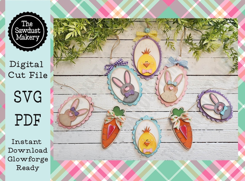 May include: A set of six Easter-themed SVG cut files featuring a bunny, chick, and carrot. The files are perfect for creating decorations, crafts, and more.