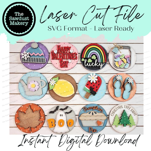 Vol.  5 ~ 12 Month Seasonal Round Bundle | Candy/Mason/Cookie Jar lid Interchangeable Frame SVG | Laser Cut File | Interchangeable Frame