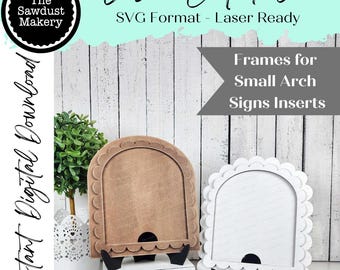 May include: Two laser cut frames for small arch signs. The frames are made of wood and have a scalloped edge. One frame is brown and the other is white. Both frames are on small wooden stands.