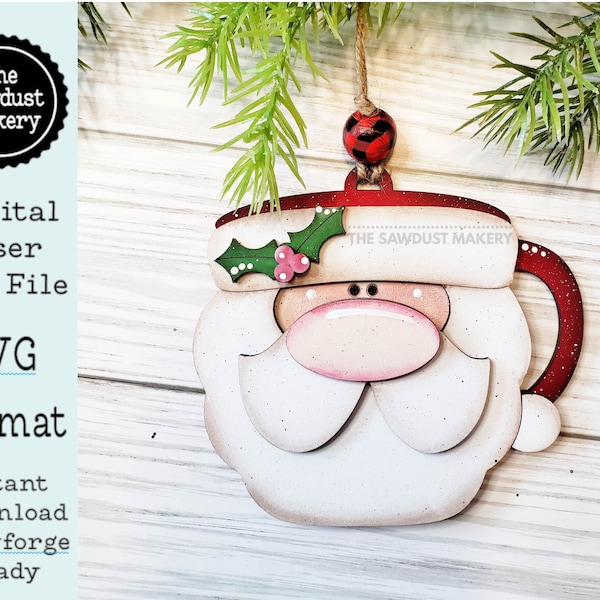 Vintage Santa mug Christmas Ornament SVG File | Laser Cut File | Christmas Ornament Kit | Ornament SVG | Ho Ho Ho