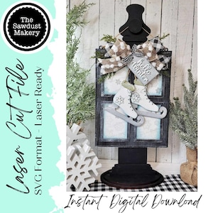 Archivo SVG de colgador de puerta y ventana de Hola invierno / Archivo cortado con láser / Glowforge / Ice Skate SVG / Hola invierno SVG / Colgador de puerta de invierno svg