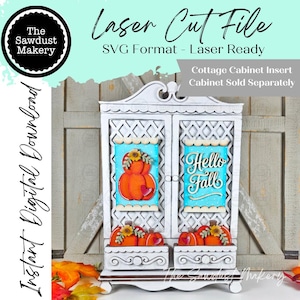 May include: A white laser cut cabinet insert featuring a lattice design, two drawers, and decorative panels. The panels display orange pumpkins with sunflowers and the text Hello Fall. The file is for laser cutting and is a digital download.