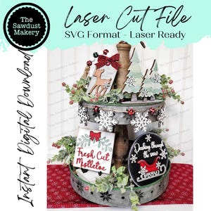 Set di decorazioni natalizie con vassoio a più livelli, file SVG / file tagliato al laser / Glowforge / Natale / Renna / Natale vintage / Albero di Natale