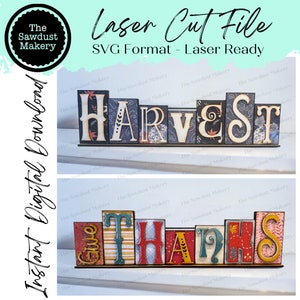 Give Thanks & Harvest Word Blocks SVG | Fall Word Block SVG | SVG File | Laser Cut File | Glowforge | Standing Reversible svg file