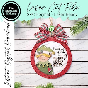 Arquivo SVG de enfeite de Natal do Rastreador do Papai Noel do duende | Arquivo de corte a laser | Ornamento do Natal do duende de Santa de <br> Crie Seu Próprio Produto! Ornamento SVG | Elfo Laser Svg