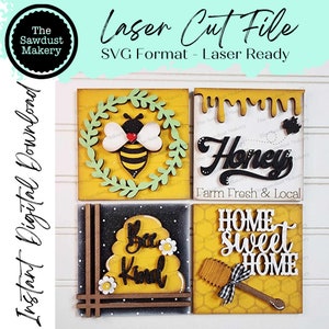 Arquivos de corte a laser Bee Kind Sign | Arquivo de pacote de sinal de inclinação intercambiável Bee SVG | Bandeja de camadas de verão SVG | Moldura de casa de fazenda