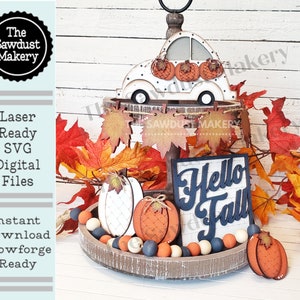 File SVG Hello Fall / File tagliato al laser / Glowforge / Hello Fall / Zucche / Foglie / L'autunno è nell'aria / Vassoio a più livelli autunnale SVG / SVG autunnale