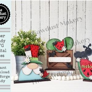 May include: Four laser-cut wooden watermelon themed decorations. A gnome with a watermelon hat, a watermelon slice with ants, a watermelon crate with ants, and an ant on a watermelon slice with the text "One in a melon".