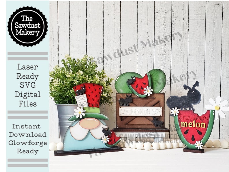 May include: Four laser-cut wooden watermelon themed decorations. A gnome with a watermelon hat, a watermelon slice with ants, a watermelon crate with ants, and an ant on a watermelon slice with the text "One in a melon".