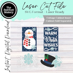 May include: A digital laser cut file in SVG format featuring a snowman on a dark blue background with white snowflakes, a sign reading WARM Winter WISHES, and a black top hat with green pine sprigs and red berries, all designed for cabinet inserts.