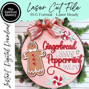 Gingerbread Kisses Door Hanger 10.5&quot; SVG File  | Laser Cut File | Gingerbread SVG File | Door Hanger | Gingerbread Christmas SVG