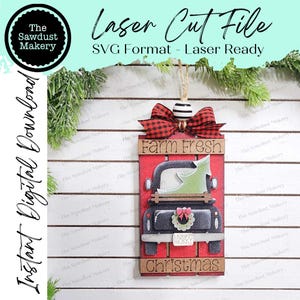 Enfeite de caminhão de Natal de fazenda Arquivo SVG cortado a laser | Enfeite de Natal SVG | Pacote de enfeites SVG | Enfeite de Natal de fazenda de árvores